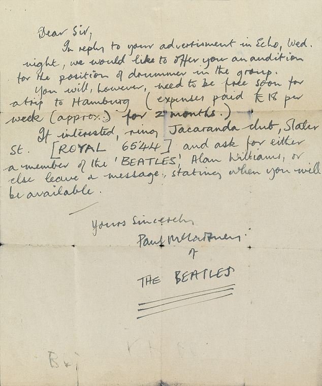 Найдено письмо Пола МакКартни 1960 года - приглашение на прослушивание ударника для The Beatles
